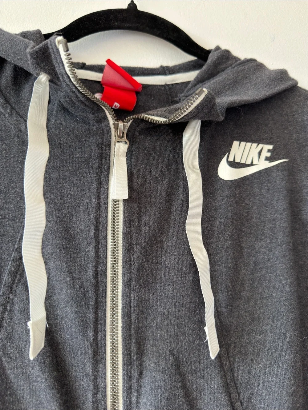 Nike Red and Charcoal Gray Hoodie Tag Detail